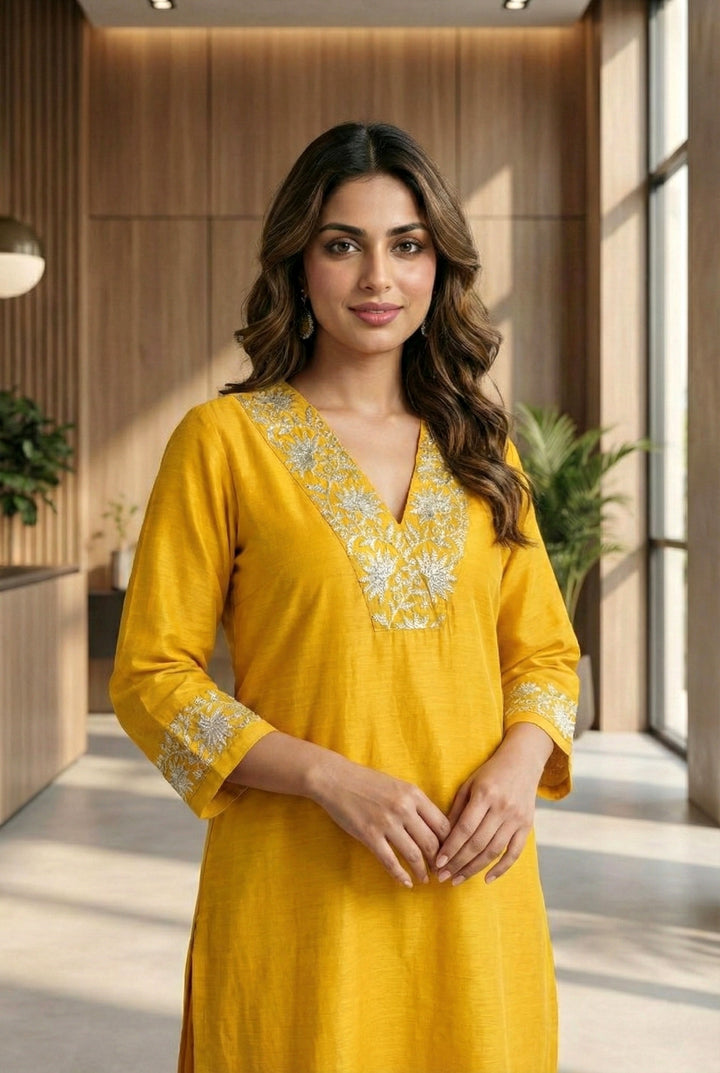 Mustard Silk Floral Aari Embroidered Two Piece Set