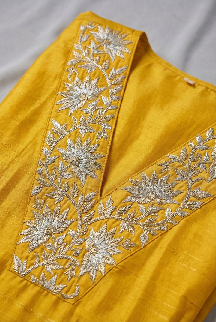 Mustard Silk Floral Aari Embroidered Two Piece Set