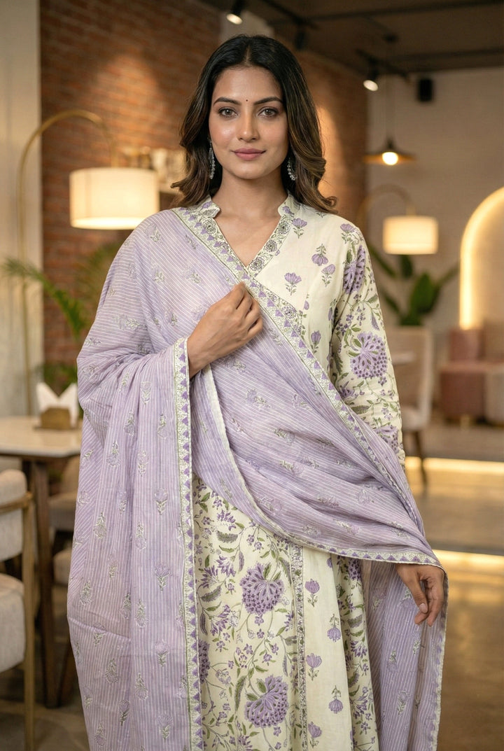 Lavender Cotton Floral Digital Printed Suit Set