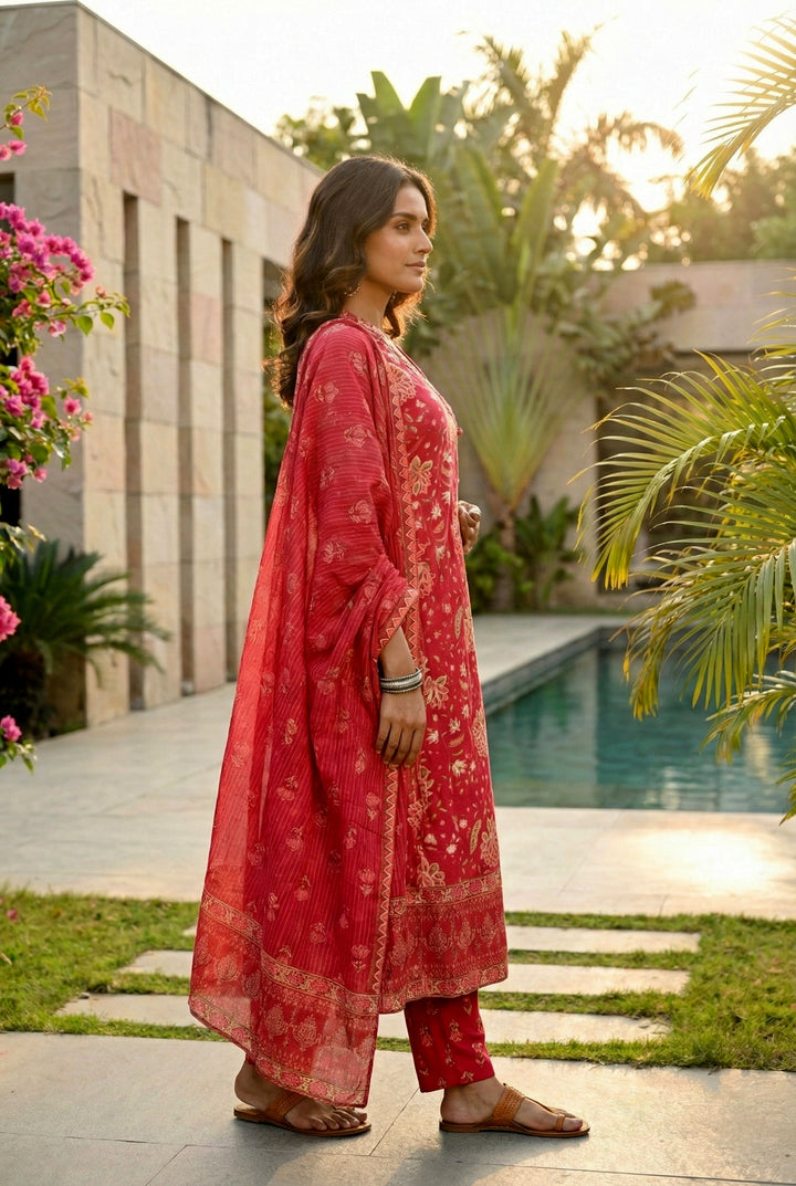 Magenta Cotton Thread Embroidery Suit Set