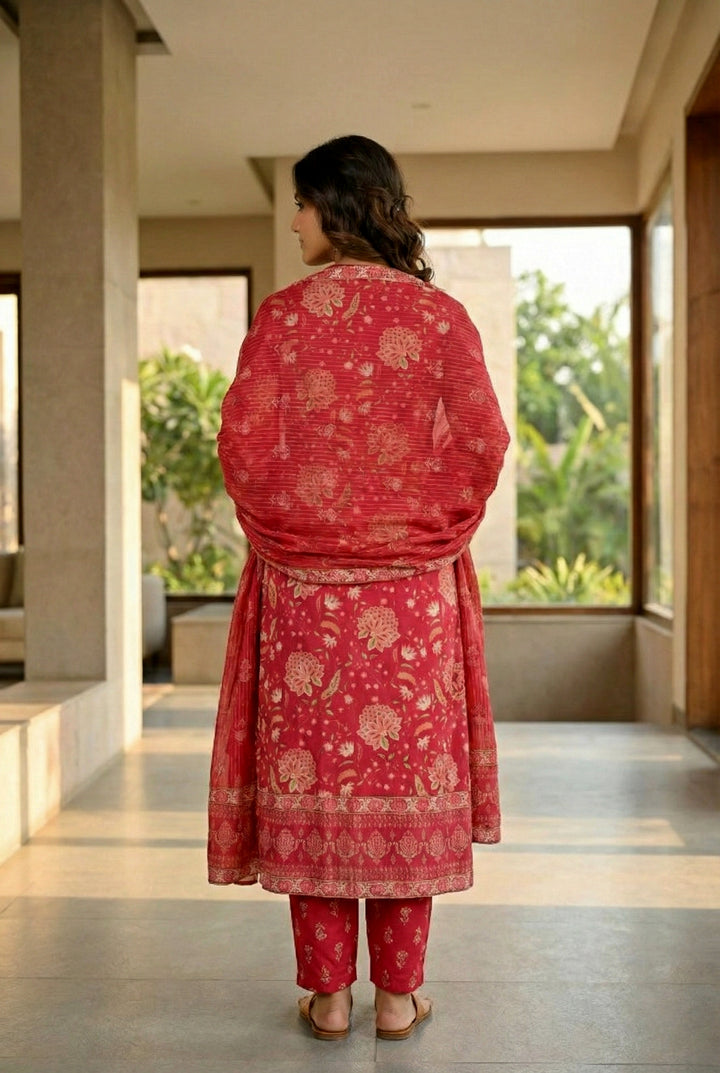 Magenta Cotton Thread Embroidery Suit Set