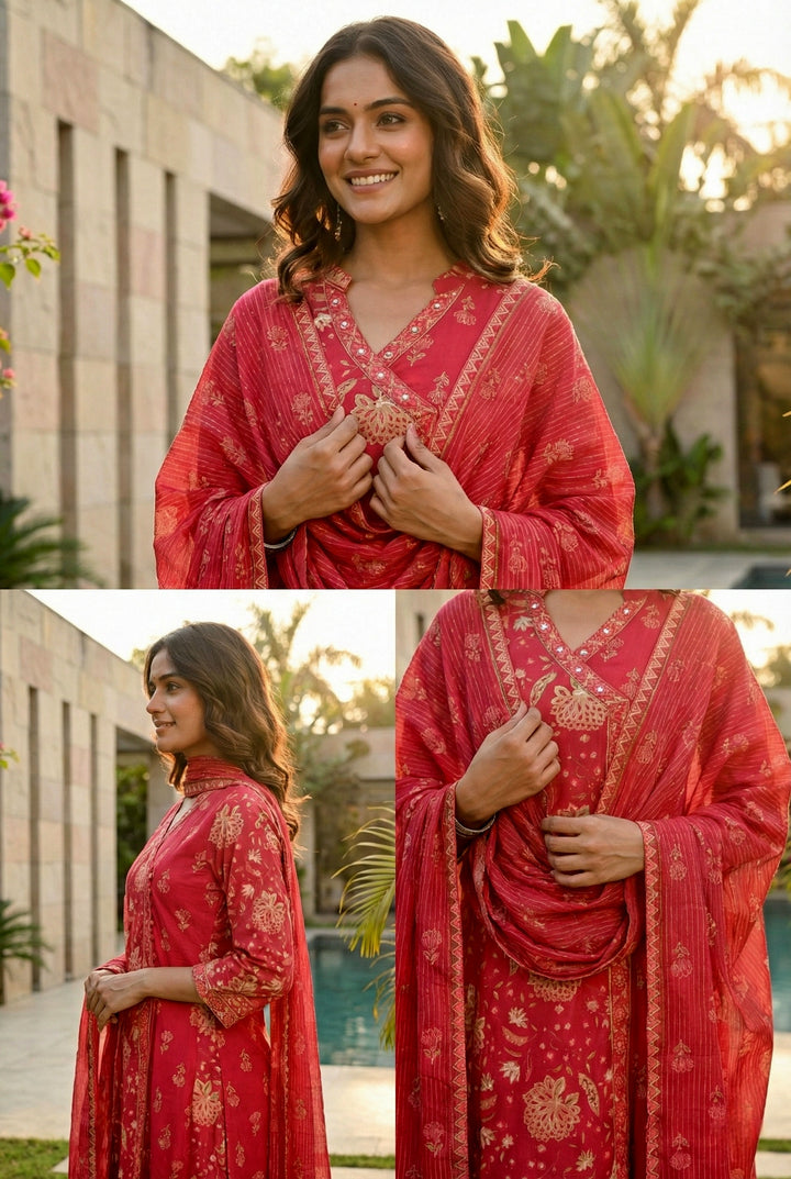 Magenta Cotton Thread Embroidery Suit Set