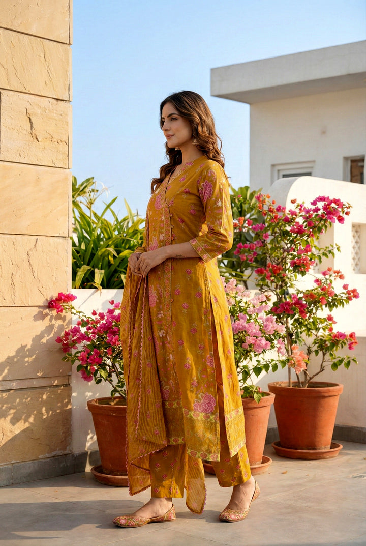 Gold Cotton Thread Embroidery Suit Set