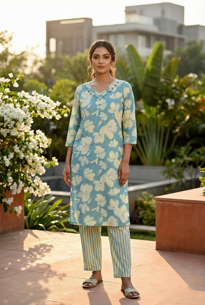 Sky Blue Cotton Floral Hand Embroidery Two Piece Set