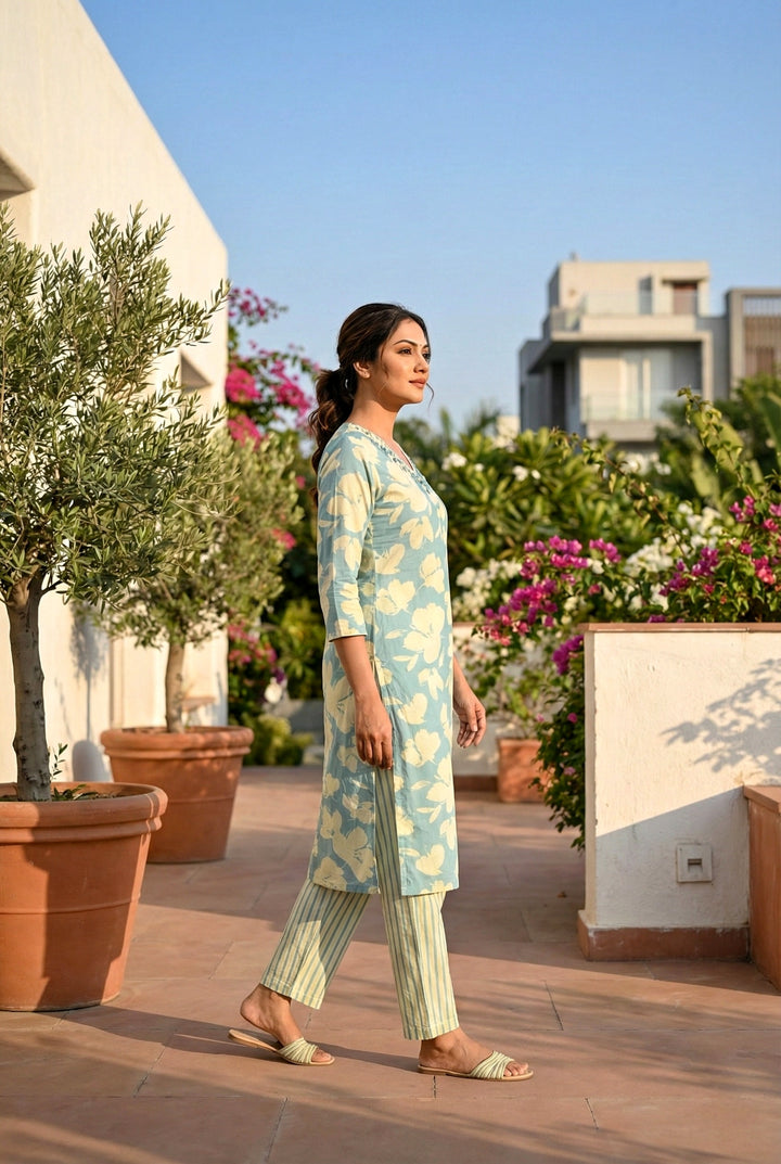 Sky Blue Cotton Floral Hand Embroidery Two Piece Set