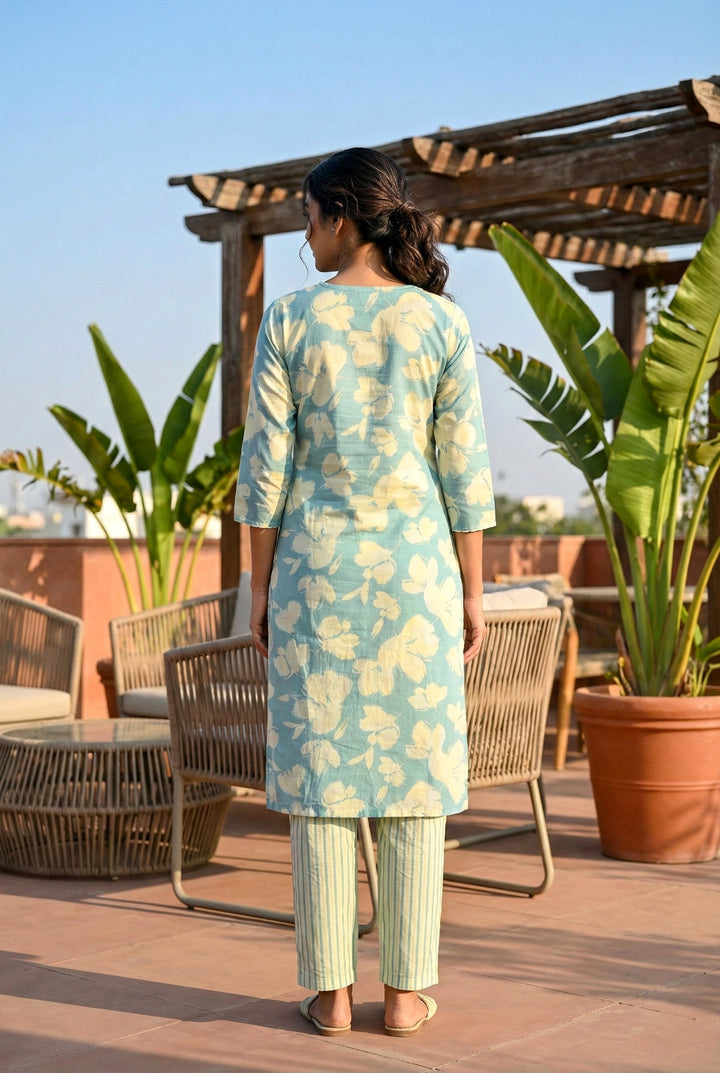 Sky Blue Cotton Floral Hand Embroidery Two Piece Set