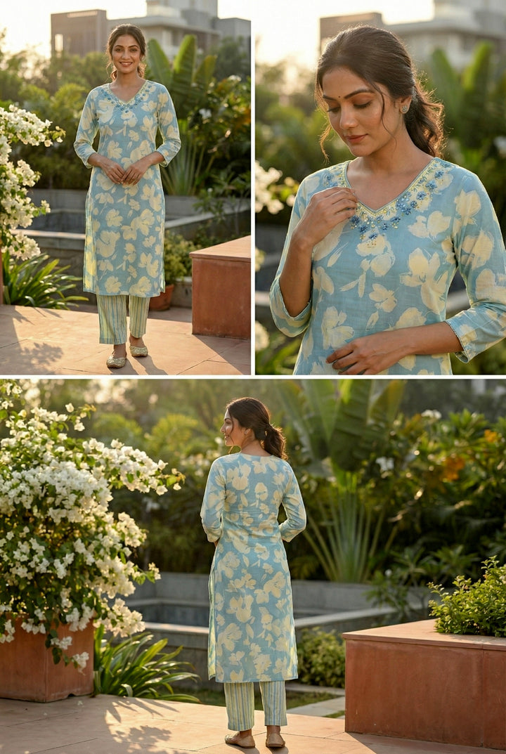 Sky Blue Cotton Floral Hand Embroidery Two Piece Set