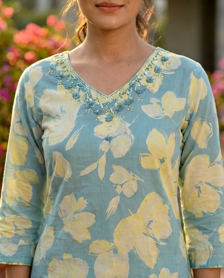 Sky Blue Cotton Floral Hand Embroidery Two Piece Set