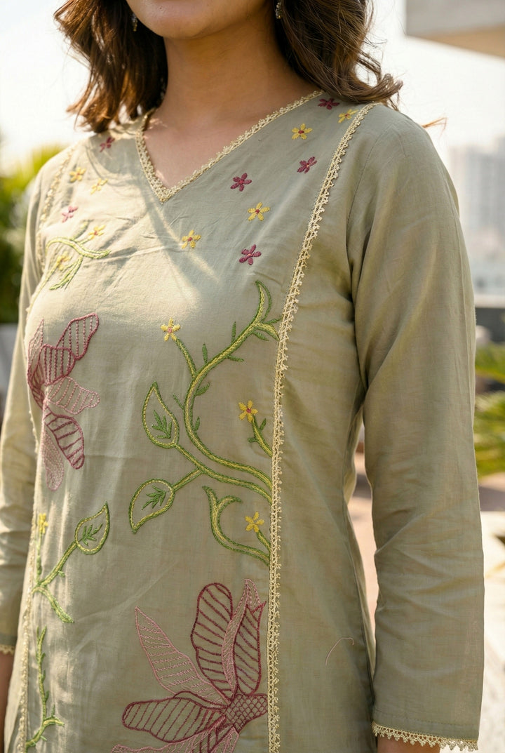 Light Grey Muslin Hand Embroidered Two Piece Set