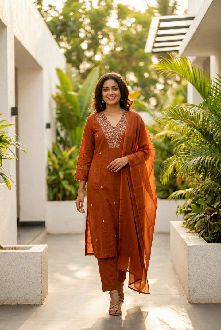 Rust Cotton Sequins And Mirror Embroidered Suit Set