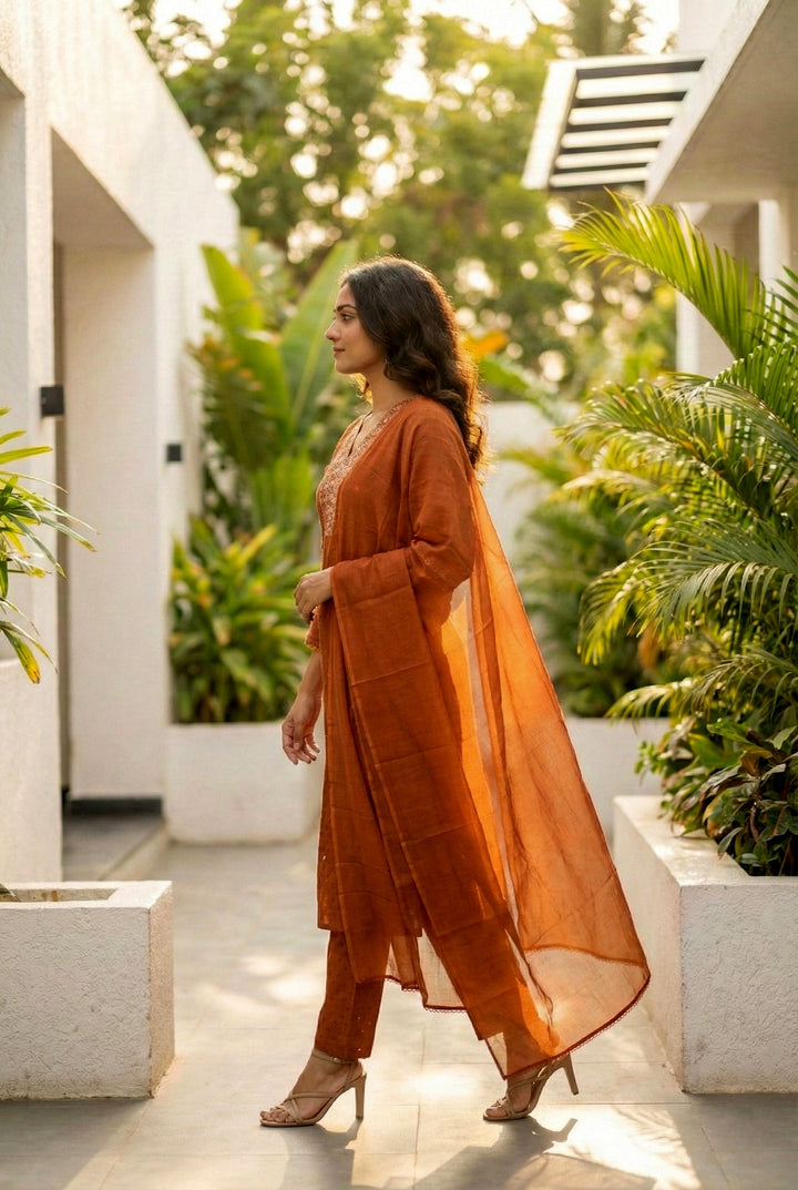 Rust Cotton Sequins And Mirror Embroidered Suit Set