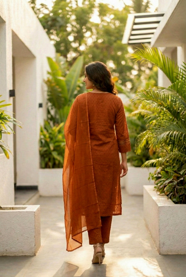 Rust Cotton Sequins And Mirror Embroidered Suit Set