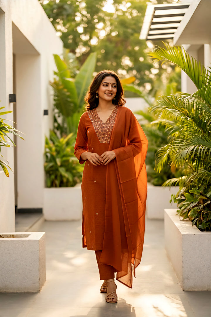 Rust Cotton Sequins And Mirror Embroidered Suit Set