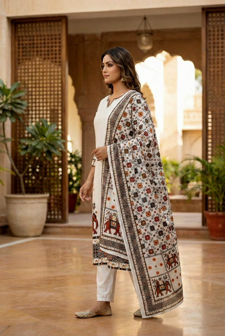 White Silk Hand Embroidery Three Piece Set