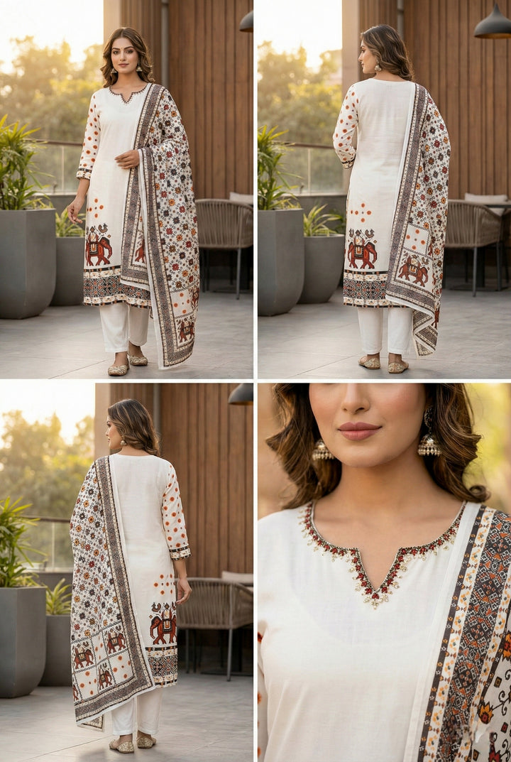 White Silk Hand Embroidery Three Piece Set