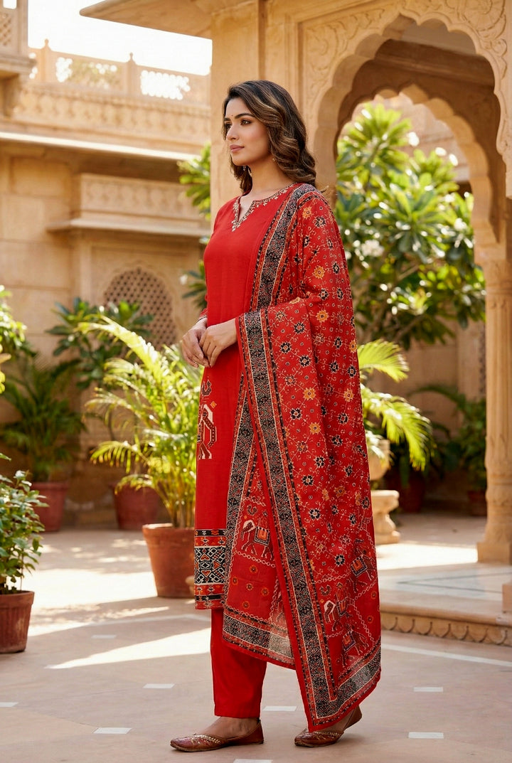 Red Silk Hand Embroidery Three Piece Set