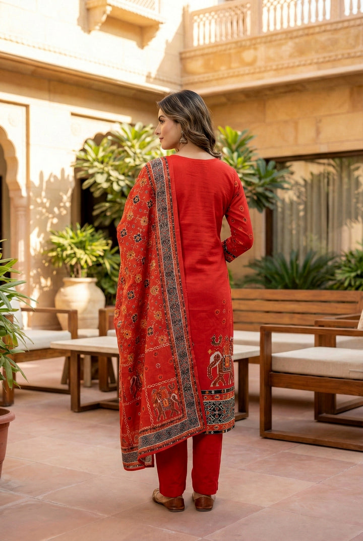 Red Silk Hand Embroidery Three Piece Set