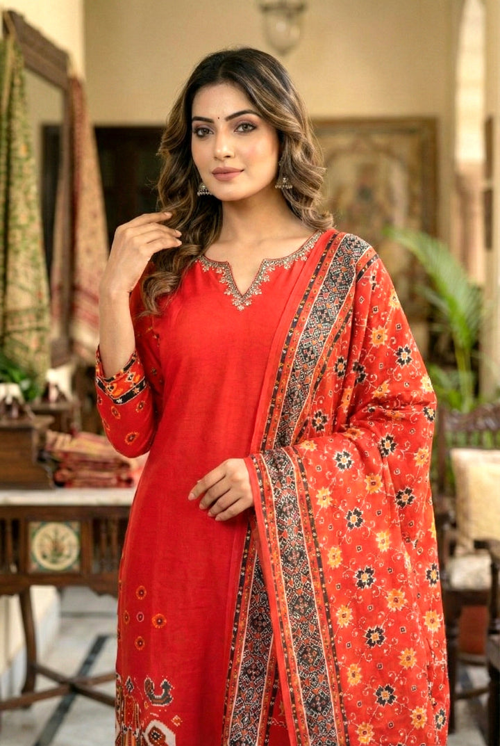 Red Silk Hand Embroidery Three Piece Set
