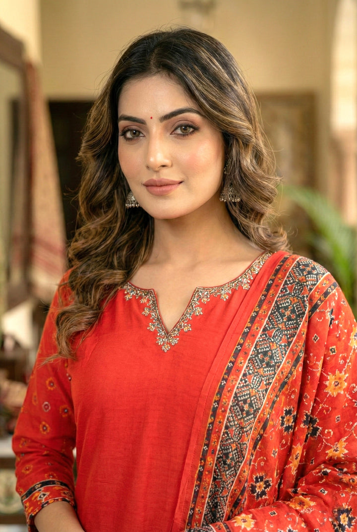 Red Silk Hand Embroidery Three Piece Set