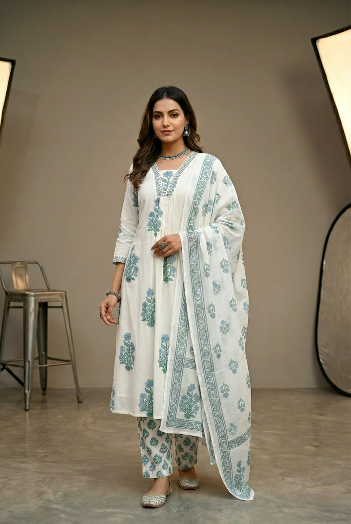 Blue Cotton Floral Digital Printed Three Piece Set