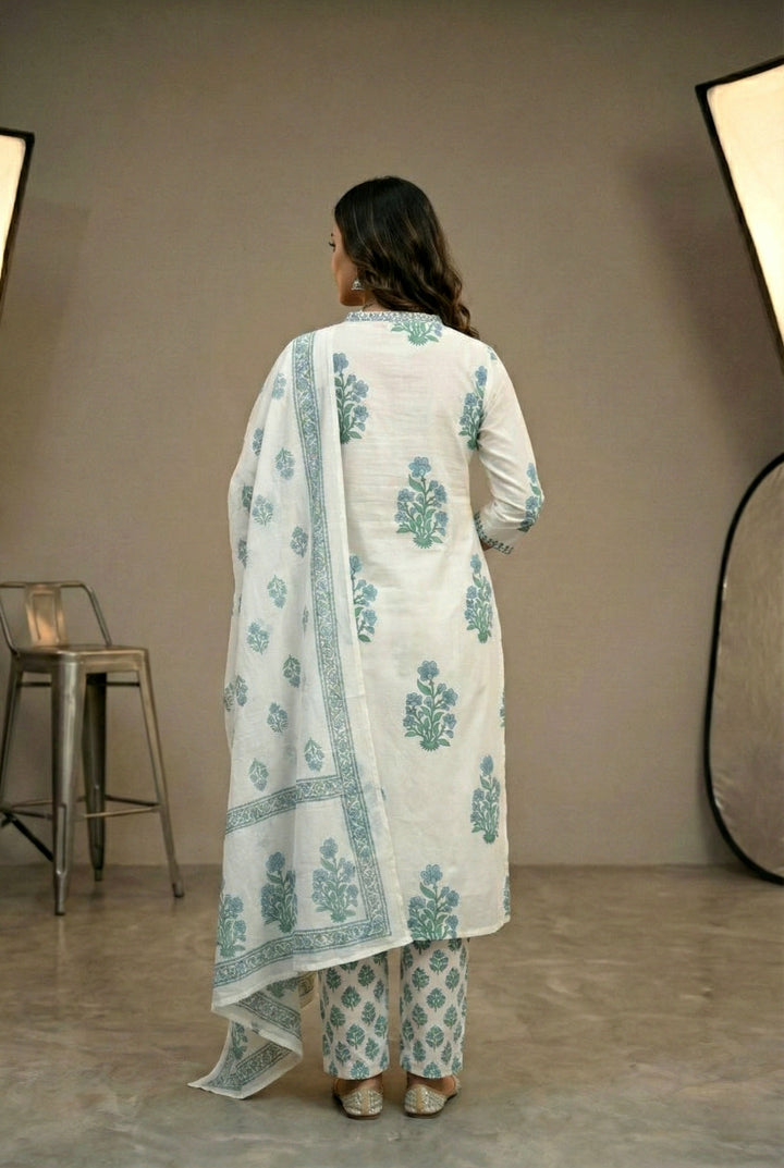 Blue Cotton Floral Digital Printed Three Piece Set