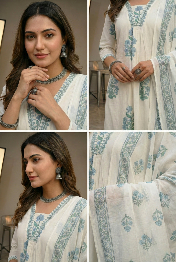 Blue Cotton Floral Digital Printed Three Piece Set