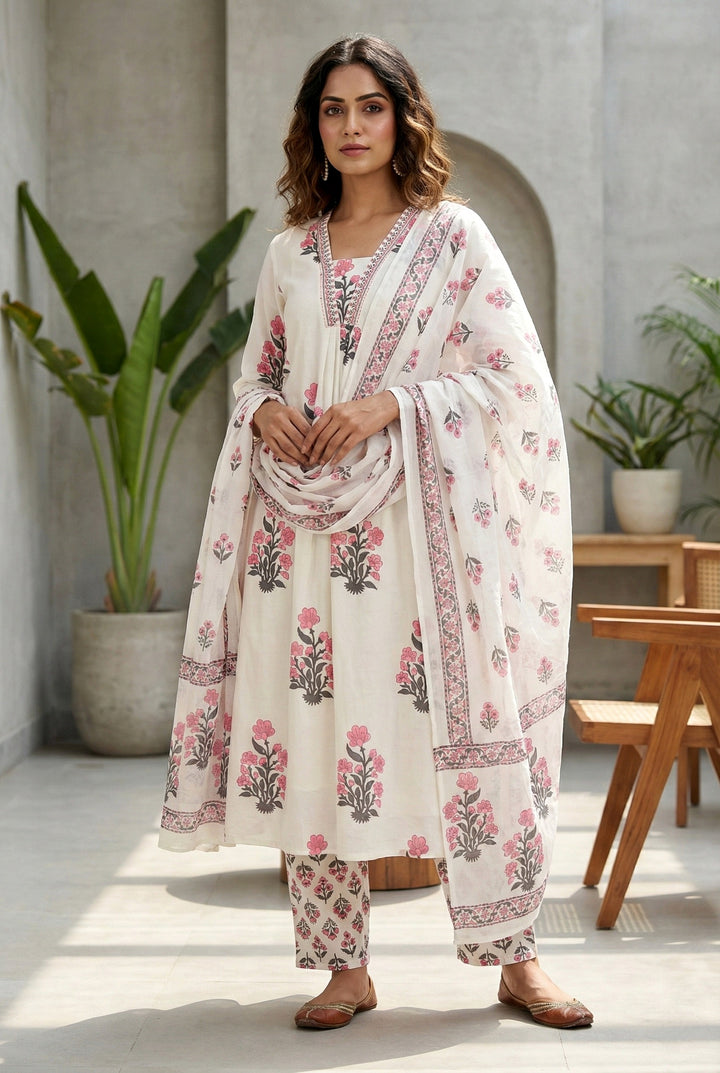 Coral Cotton Floral Digital Printed Three Piece Set