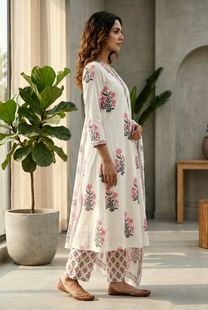 Coral Cotton Floral Digital Printed Three Piece Set