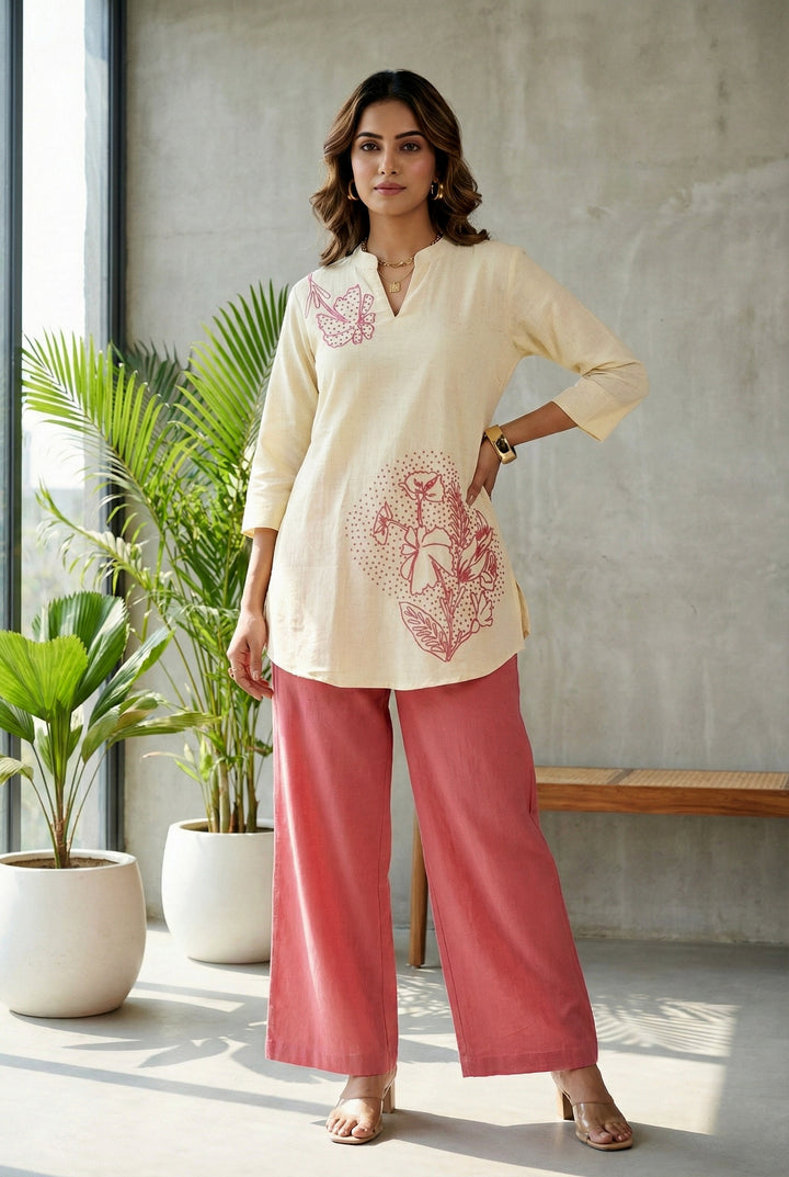 Onion Cotton Floral Thread Embroidery Two Piece Set