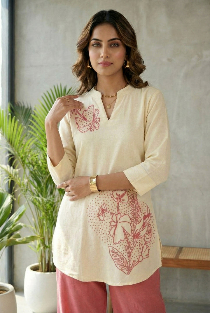 Onion Cotton Floral Thread Embroidery Two Piece Set