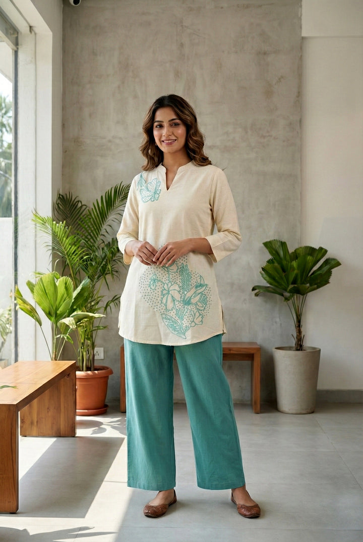Sea Green Cotton Floral Thread Embroidery Two Piece Set