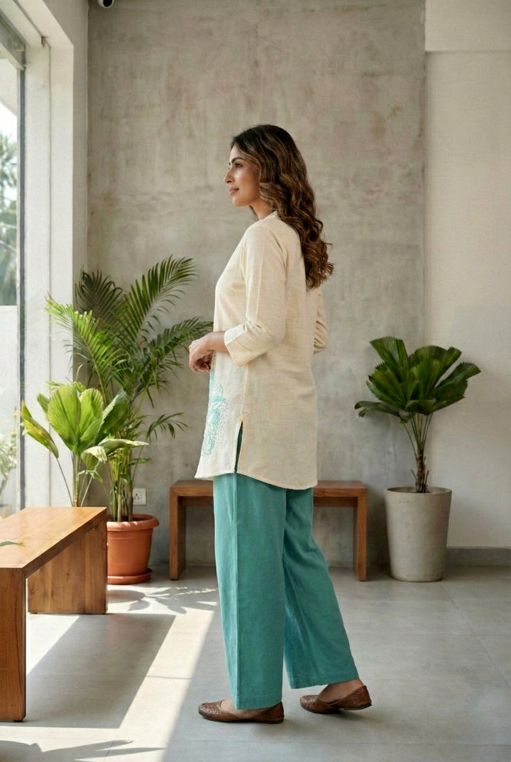 Sea Green Cotton Floral Thread Embroidery Two Piece Set