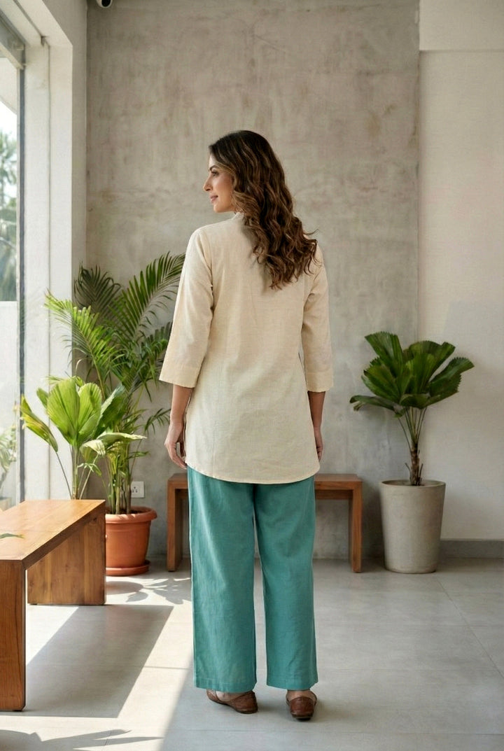 Sea Green Cotton Floral Thread Embroidery Two Piece Set