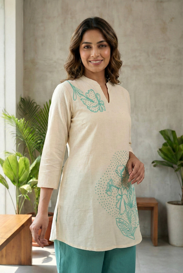 Sea Green Cotton Floral Thread Embroidery Two Piece Set