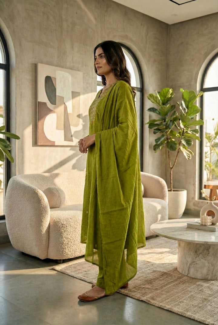 Green Cotton Thread Embroidered Three Piece Set
