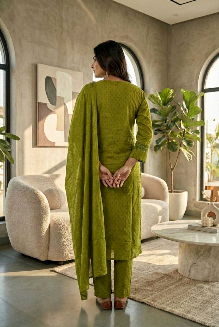 Green Cotton Thread Embroidered Three Piece Set
