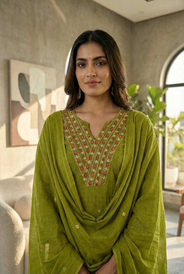 Green Cotton Thread Embroidered Three Piece Set