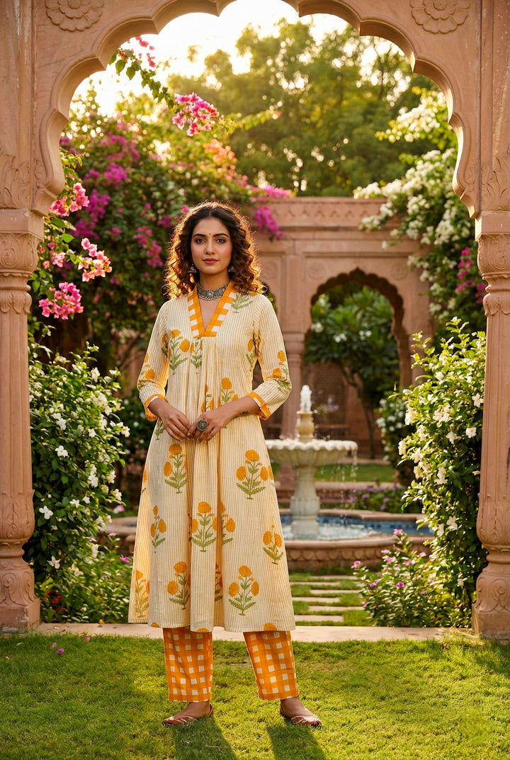 Mustard Cotton Striped Two Piece Set