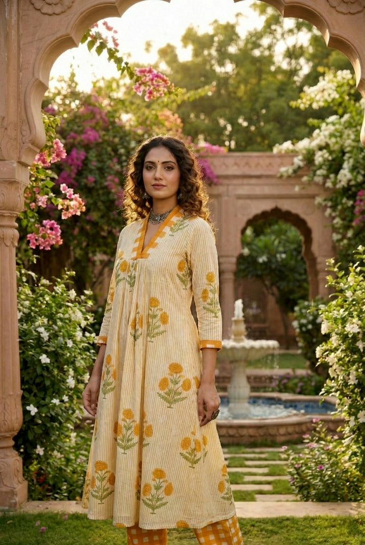 Mustard Cotton Striped Two Piece Set