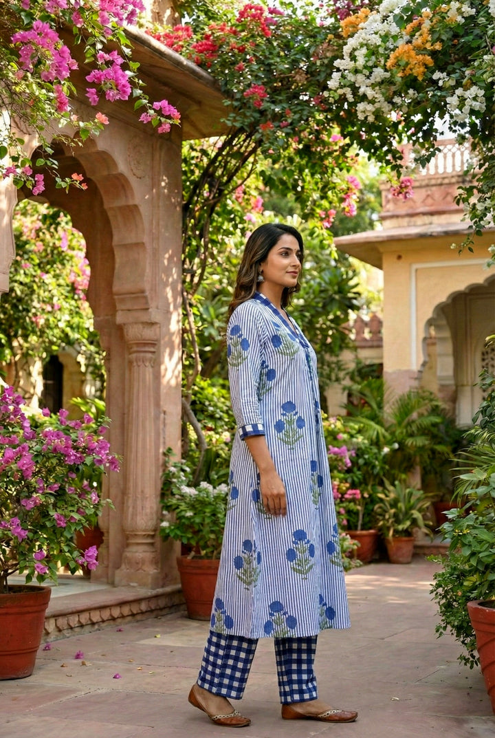 Indigo Cotton Striped Two Piece Set