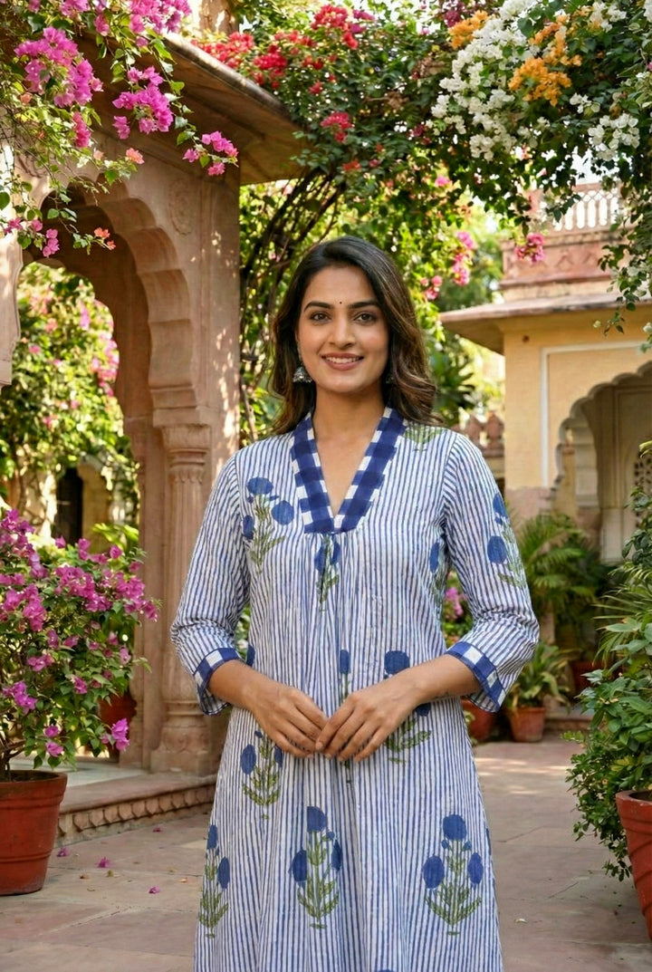 Indigo Cotton Striped Two Piece Set