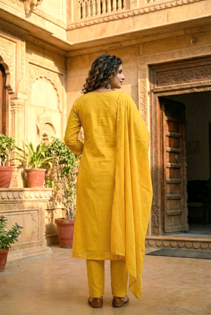 Mustard Cotton Sequins And Hand Embroidered Three Piece Set