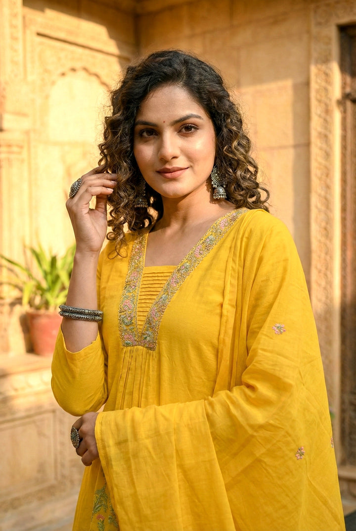 Mustard Cotton Sequins And Hand Embroidered Three Piece Set