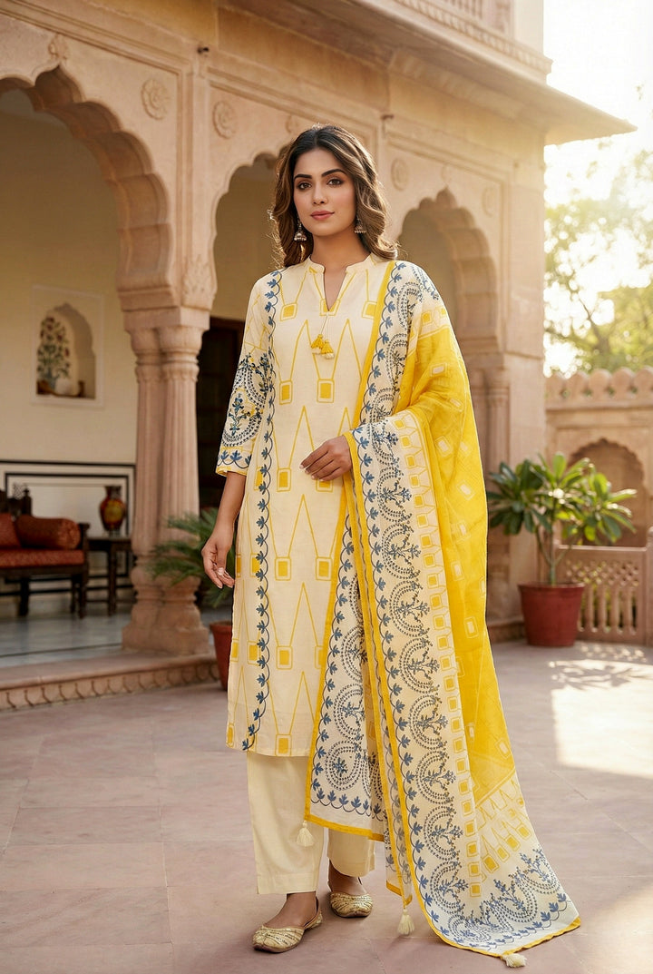 Yellow Silk Digital Printed Three Piece Set