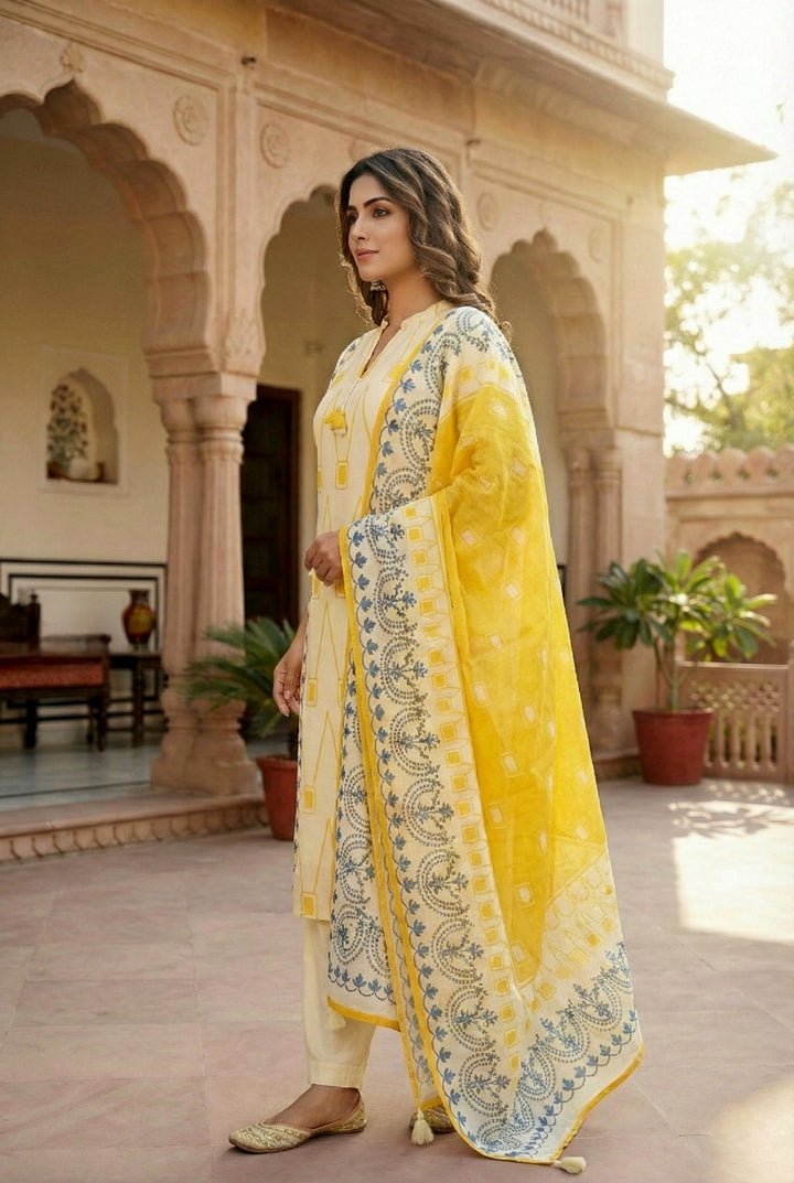 Yellow Silk Digital Printed Three Piece Set