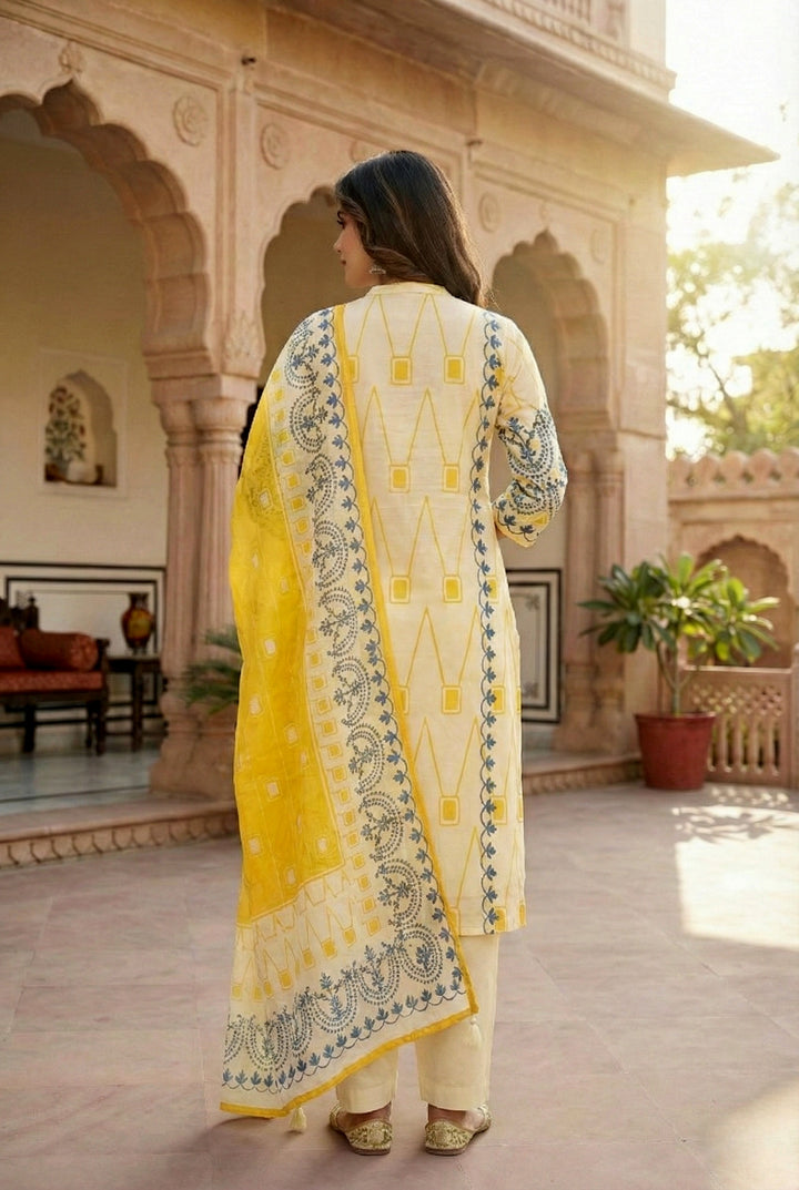 Yellow Silk Digital Printed Three Piece Set