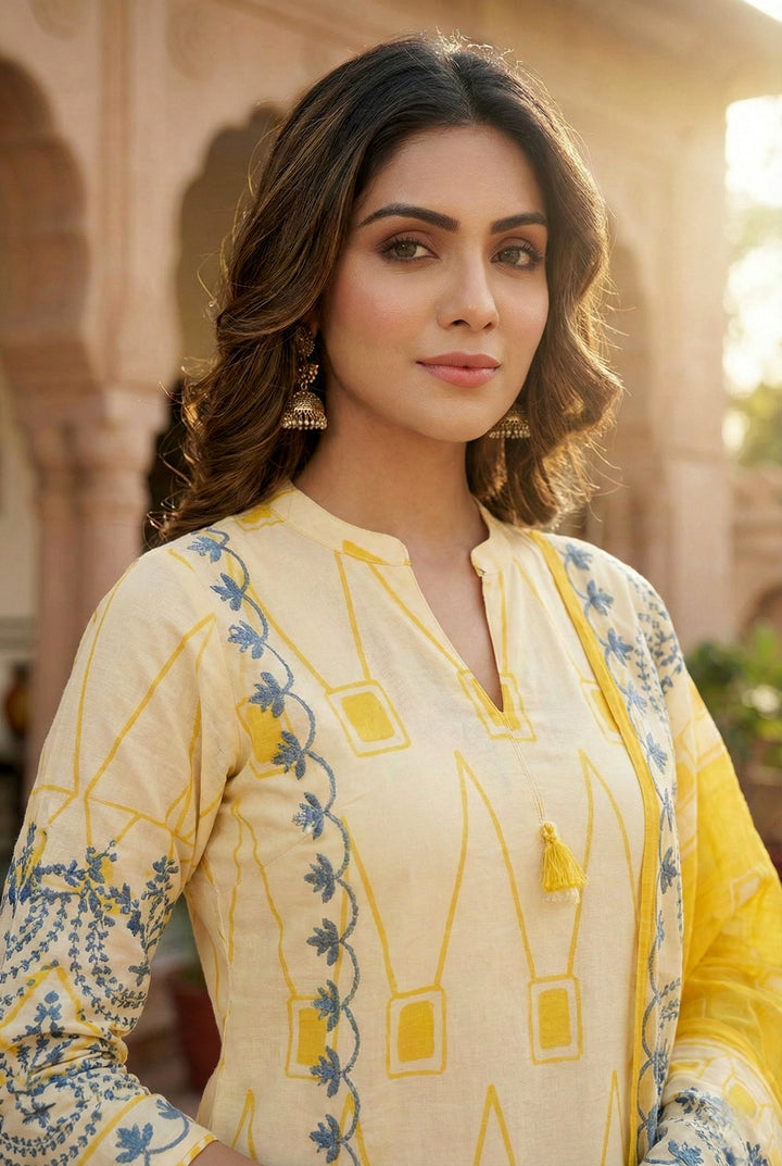 Yellow Silk Digital Printed Three Piece Set