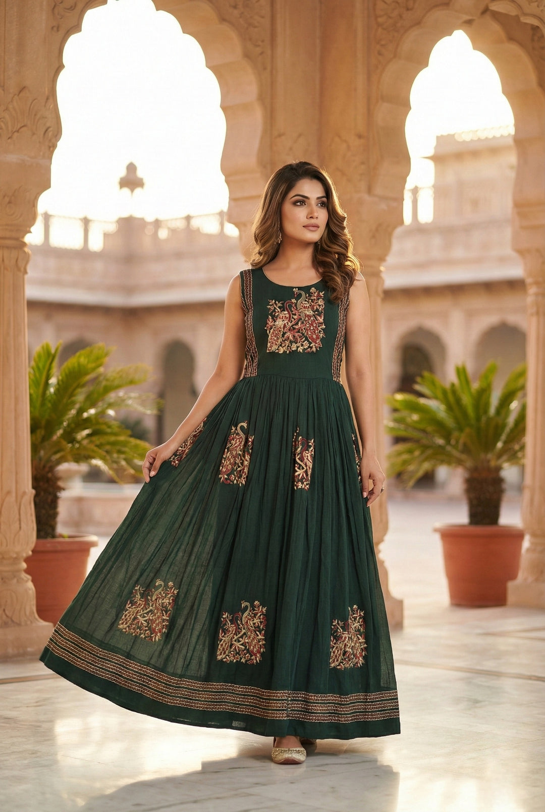 Neerus Green Ethnic Hand Embroidered Chinon Maxi Dress for Wedding Women Neerus India Neerus Green Ethnic Hand Embroidered Chinon Maxi Dress for Wedding Women Neerus India