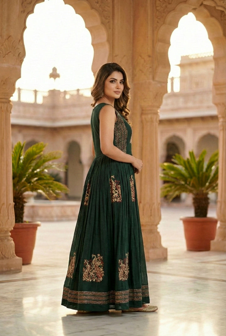 Bottle Green Chinon Hand Embroidery Long Dress