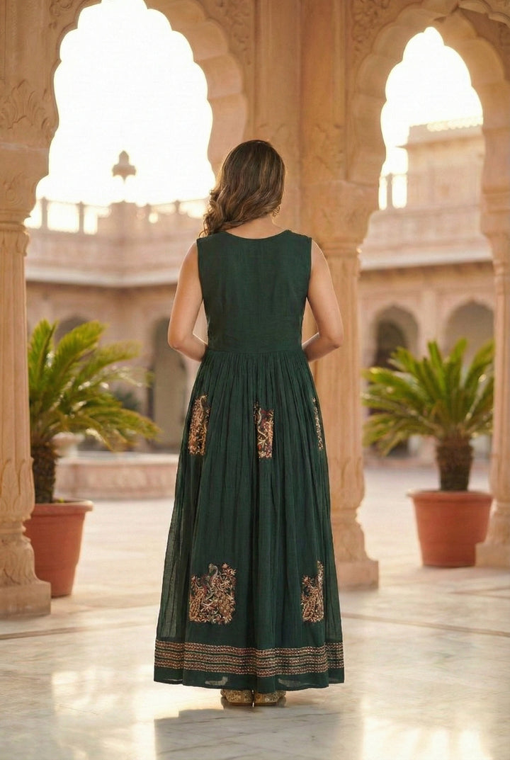 Bottle Green Chinon Hand Embroidery Long Dress